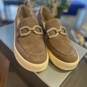 VANELi: Women’s “YSALDE” Taupe Suede Slip-On Loafers with Crystal Chain Accent